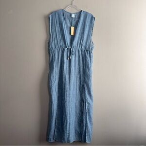 Kona Sol Sheer Blue Tie Waist Midi Dress Swim Cover Up Womens Large NWT